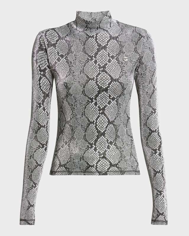 Mock-Neck Metallic Snakeskin-Print Top